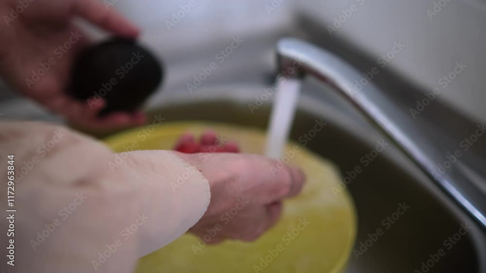 Homemade salad preparation series. Female hands closeup Homemade salad preparation series. Female hands closeup