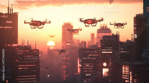 Futuristic urban skyline with multiple drones delivering packages at sunset photo