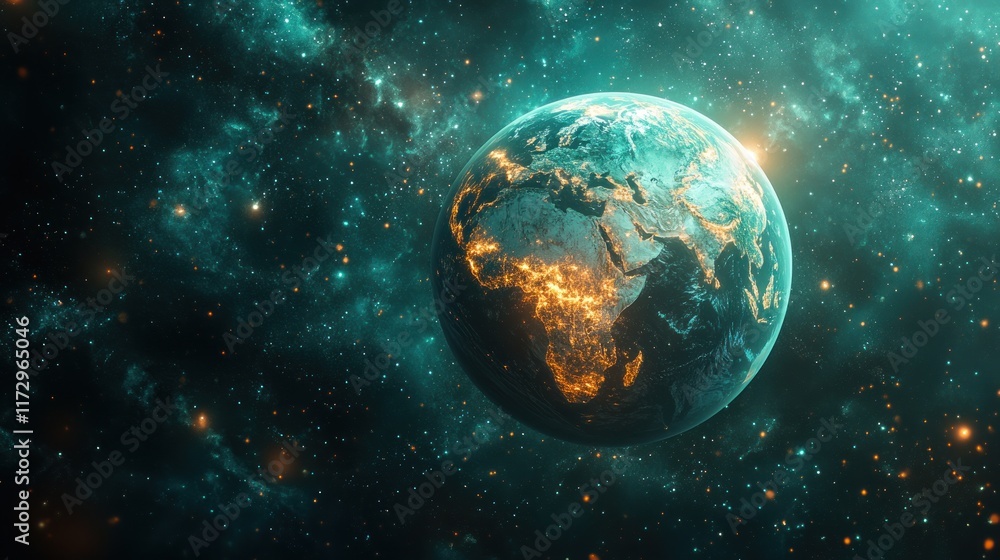 Naklejka premium A vibrant depiction of Earth in space, highlighting continents and city lights.
