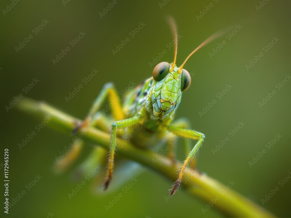 A green grasshopper rests on a stem, highlighting the beauty of insects and their place in nature. A green grasshopper rests on a stem, highlighting the beauty of insects and their place in nature.