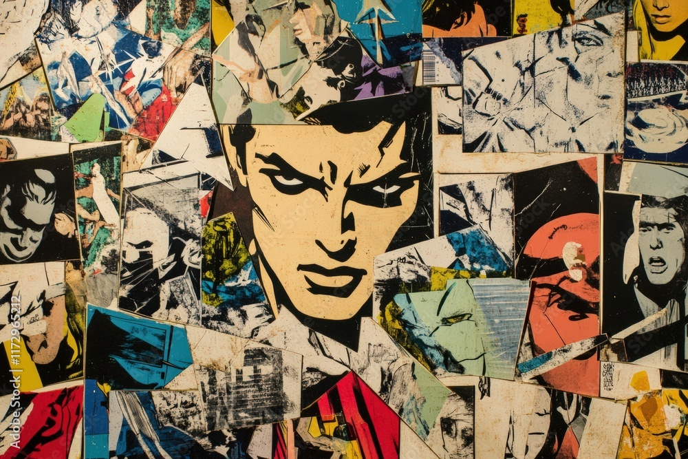 Fototapeta premium Abstract Collage Featuring A Stern Male Face