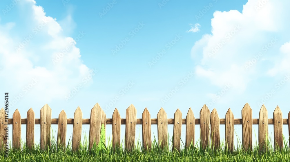Obraz premium Garden fence with green grass and blue sky at summer day, Wooden fence to protect the backyard