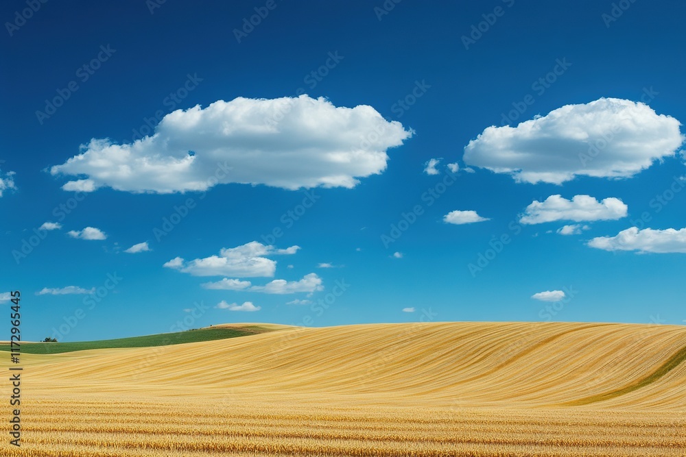 Fototapeta premium Vast golden fields stretch under bright blue sky dotted with flu