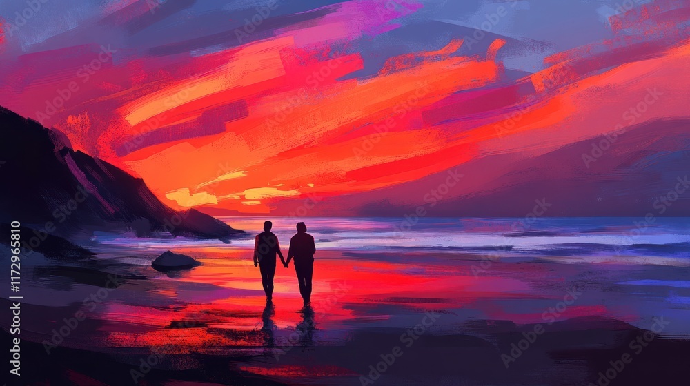 Couple holding hands walks on beach at sunset, vibrant colors. Couple holding hands walks on beach at sunset, vibrant colors.