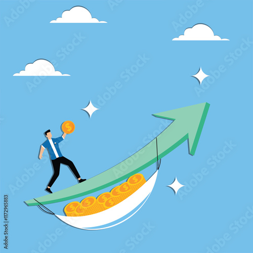 Passive income, easily earn more money or profit, investment income, traders filled with gold coins hanging inside the hammock of the rising arrow