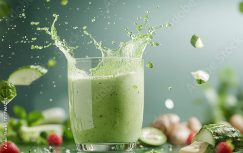 refreshing green smoothie with dynamic splash effect, surrounded by fresh ingredients like cucumber and spinach, evokes sense of vitality photo