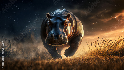 running hippo during midnight in a grassfield with a eye-level angle  photo