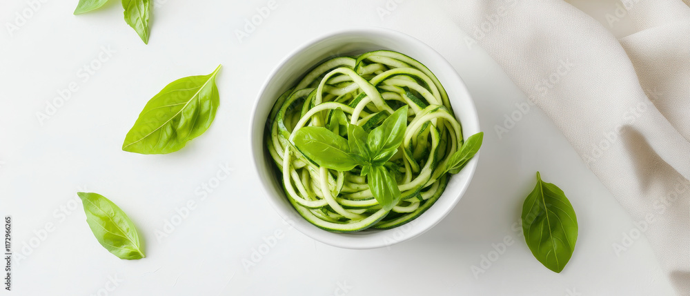 Obraz premium Fresh spiralized zucchini pasta garnished with basil leaves in bowl