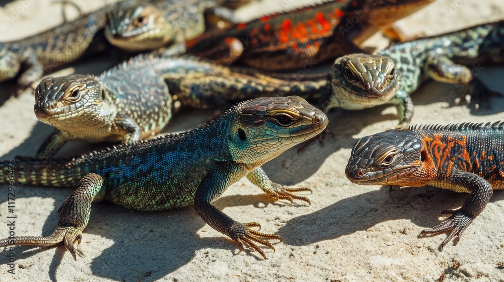 Fototapeta premium A group of colorful lizards basking on a rocky surface in natural sunlight.