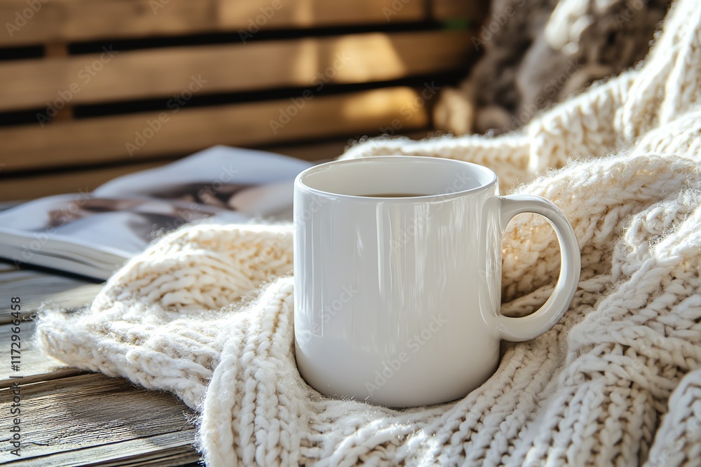 Warm mug on knitted blanket, cozy atmosphere. Warm mug on knitted blanket, cozy atmosphere.