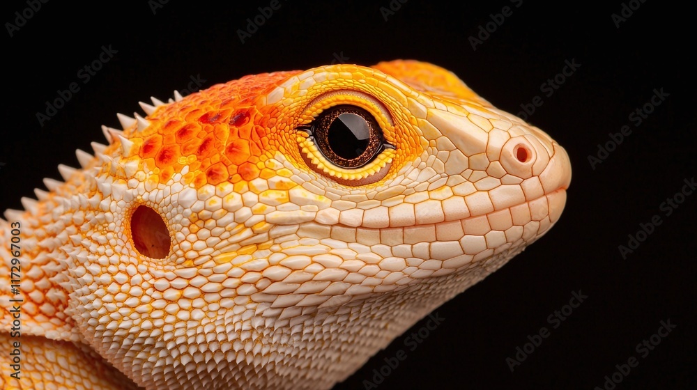 Close-up portrait of a vibrant orange and yellow lizard against a black background, showcasing its detailed scales and expressive eyes. Close-up portrait of a vibrant orange and yellow lizard against a black background, showcasing its detailed scales and expressive eyes.