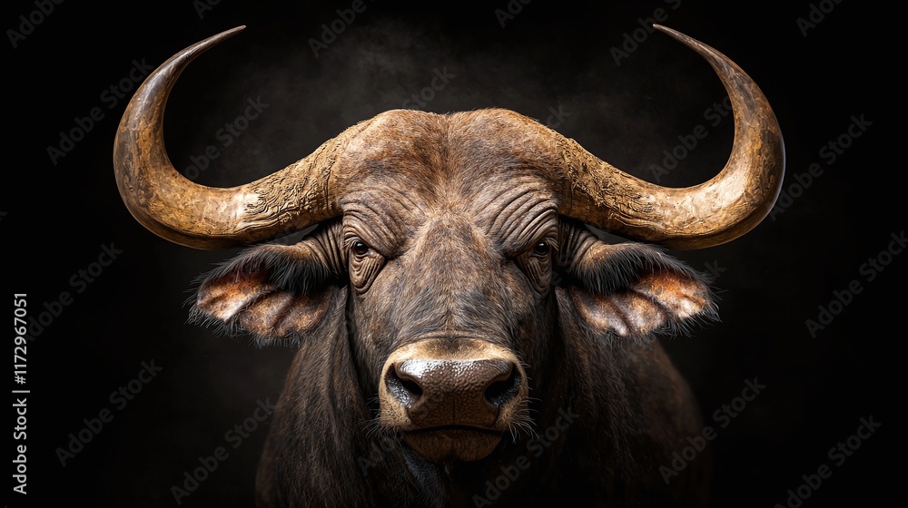 Close-up portrait of a majestic African buffalo bull against a black background. Close-up portrait of a majestic African buffalo bull against a black background.
