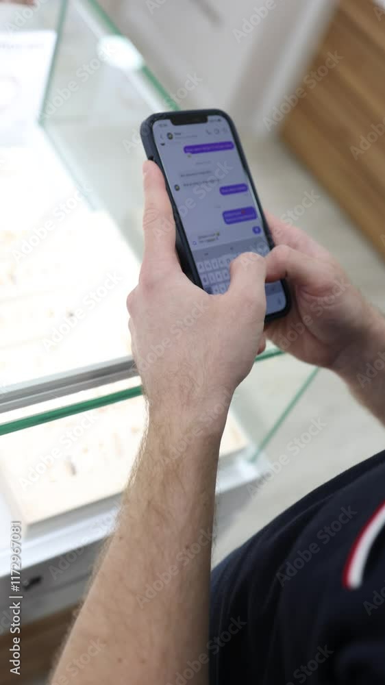 Person texting on smartphone in jewelry store, close-up view of hands, browsing, modern mobile communication, shopping technology concept