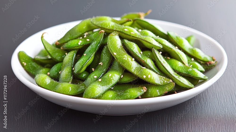 Close-up of seasoned edamame beans in a white bowl. Close-up of seasoned edamame beans in a white bowl.