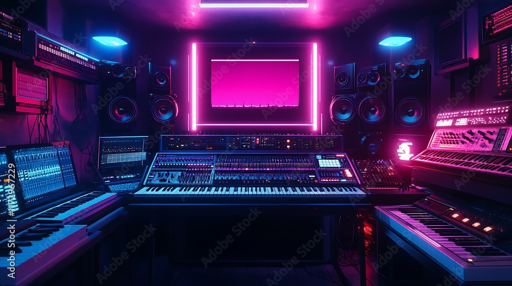 Synthesizer in a futuristic studio setup with glowing neon lights and modern tech devices surrounding it evoking an electronic music vibe Synthesizer in a futuristic studio setup with glowing neon lights and modern tech devices surrounding it evoking an electronic music vibe