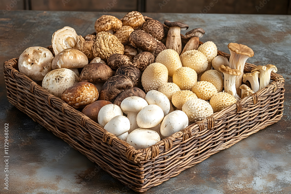 Wicker Tray with a Variety of Raw Mushrooms on a Wooden Table Wicker Tray with a Variety of Raw Mushrooms on a Wooden Table