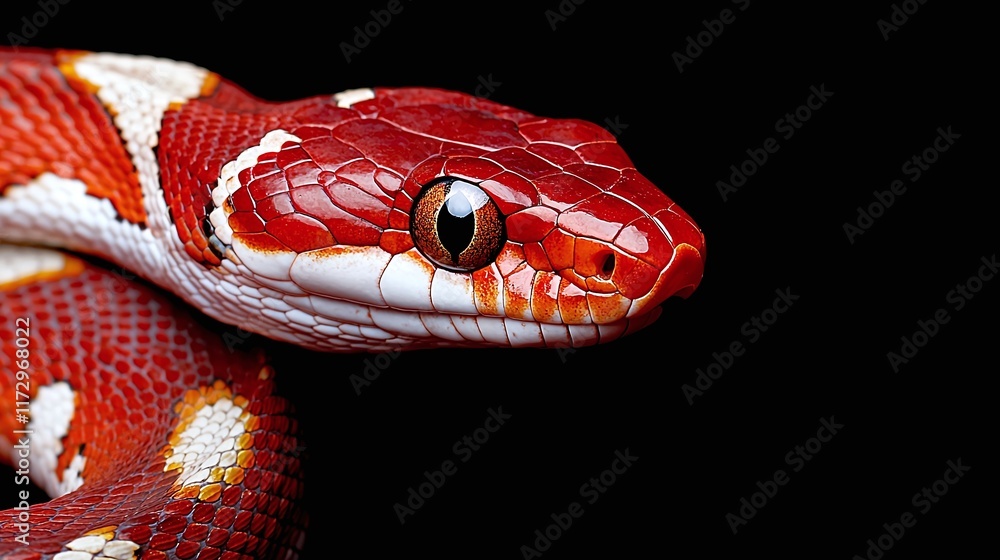 Close-up of a red and white snake on black background. Close-up of a red and white snake on black background.