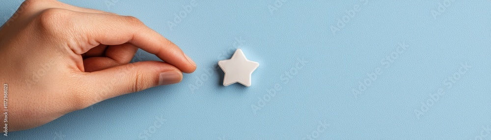 A hand gently holds a small star-shaped object against a soft blue background, creating a serene and whimsical scene. A hand gently holds a small star-shaped object against a soft blue background, creating a serene and whimsical scene.