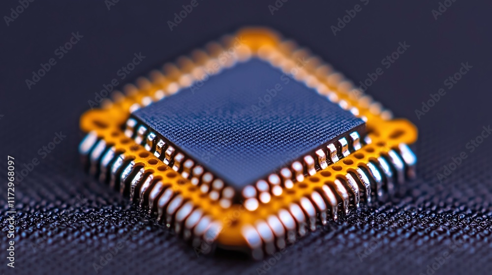 Close-up of a microchip, showcasing its intricate circuitry and gold connectors against a dark background. Close-up of a microchip, showcasing its intricate circuitry and gold connectors against a dark background.