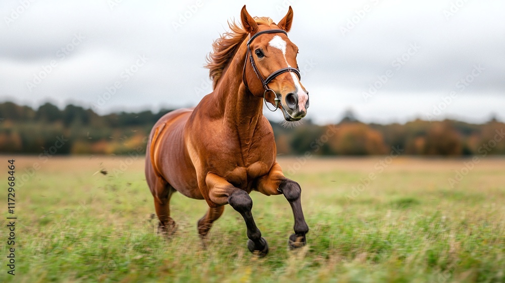 Chestnut horse galloping in autumn field. Chestnut horse galloping in autumn field.
