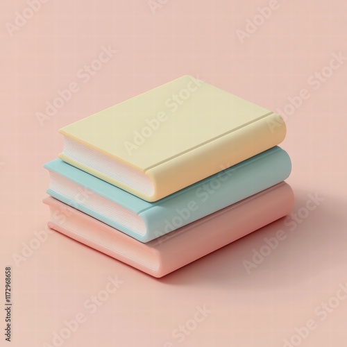 3D icon of books, pastel color palette, simple background, clay material, isometric view, B