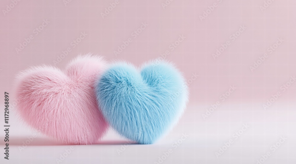 3D rendering of cute pastel blue and pink hearts with soft fur on a light background, a Valentine's Day 