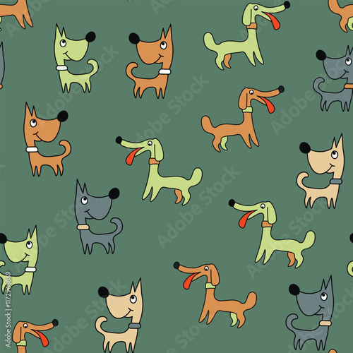 Vector seamless repeating childish pattern with cute dogs in Scandinavian style. Animals background with dog, pets, puppy for invitation, poster, card, flyer, textile, fabric.