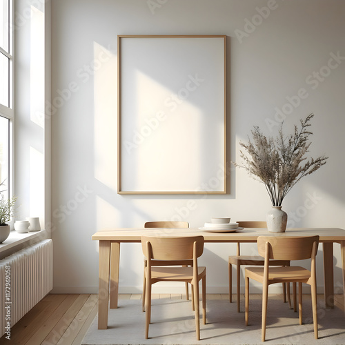 Mockup poster frame in minimalist modern interior, framed with warm lighting, soft textures, natural elements, and a harmonious blend of modern and vintage decor.