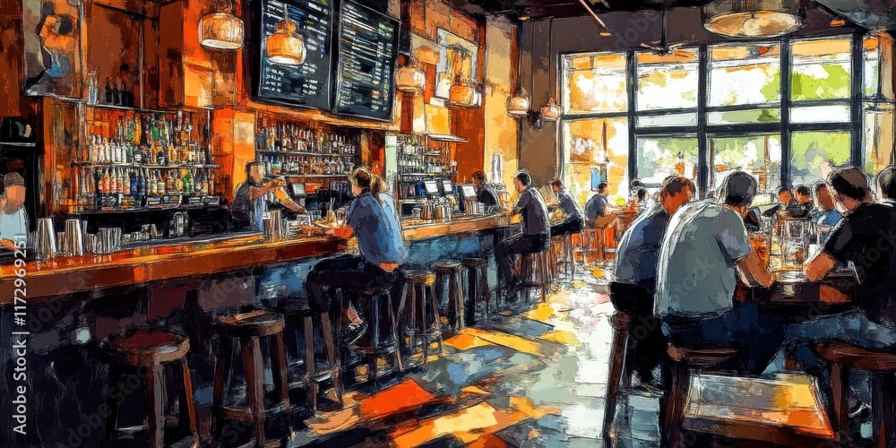 Naklejka premium Artfully painted bar oil paintings in a lively and inviting atmosphere.