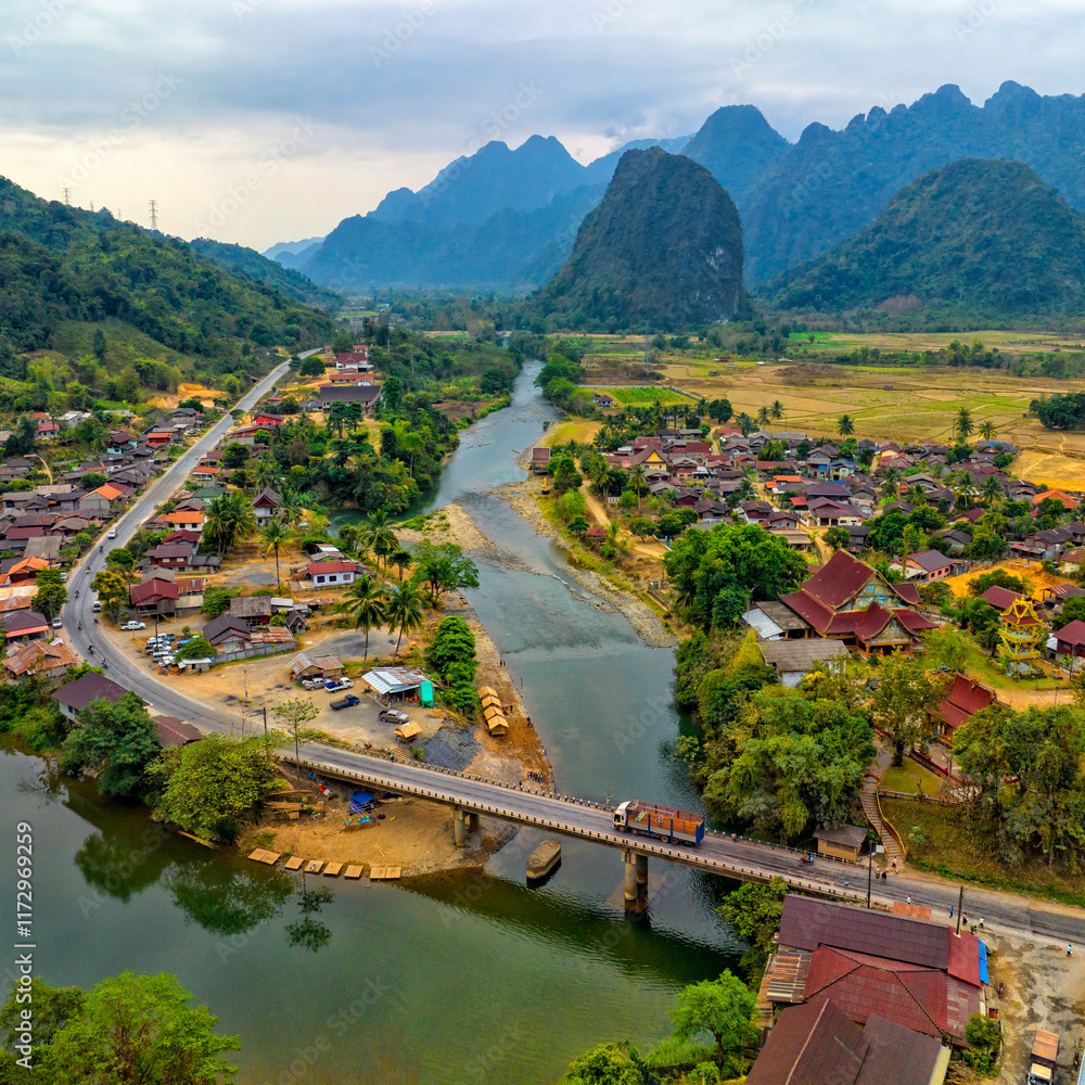 Fototapeta premium Road and village landscape of Nam Song River at Vang Vieng, Laos