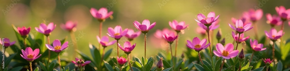 Fototapeta premium scattered pink centaurium erythraea flowers in the wild, blossoms, nature