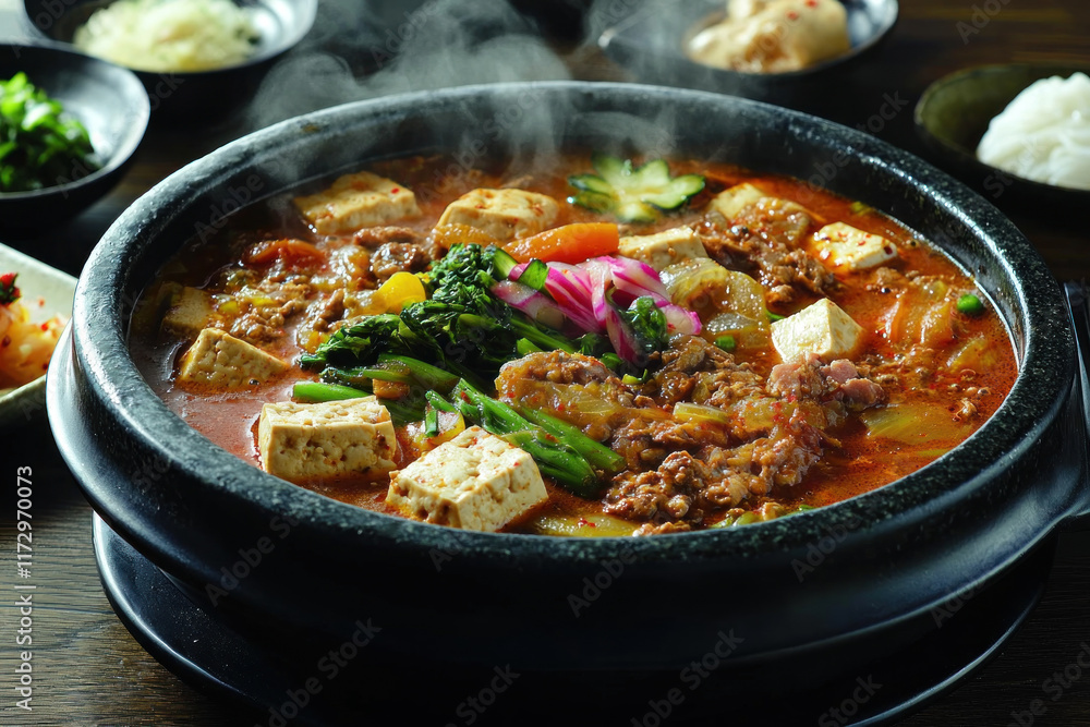 Steaming Korean stew with beef, tofu, vegetables in stone pot, side dishes, restaurant setting