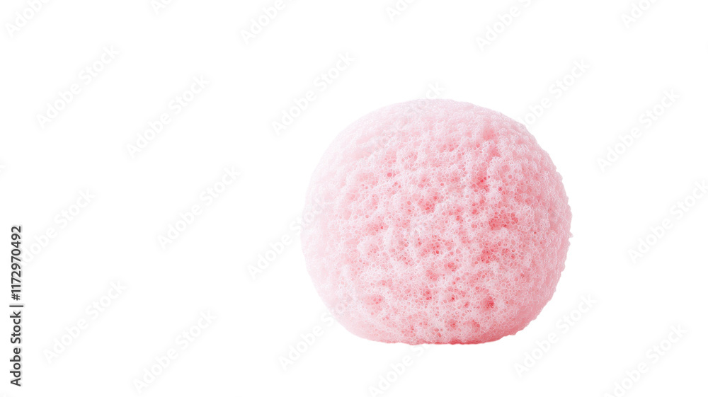 A Soft Bath Sponge in Pastel Pink on a White Background Perfect for Spa and Relaxation Themes in Decor and Wellness Articles. A Soft Bath Sponge in Pastel Pink on a White Background Perfect for Spa and Relaxation Themes in Decor and Wellness Articles.