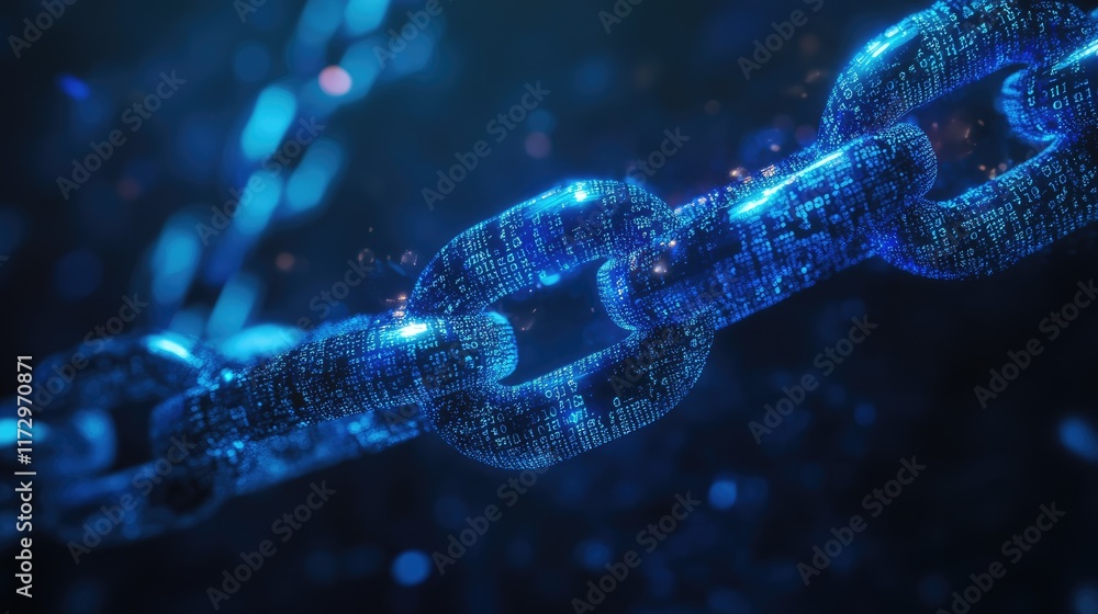 Glowing blue chain with links made of binary numbers signifies data connection or blockchain technology against dark, blurred backdrop Glowing blue chain with links made of binary numbers signifies data connection or blockchain technology against dark, blurred backdrop