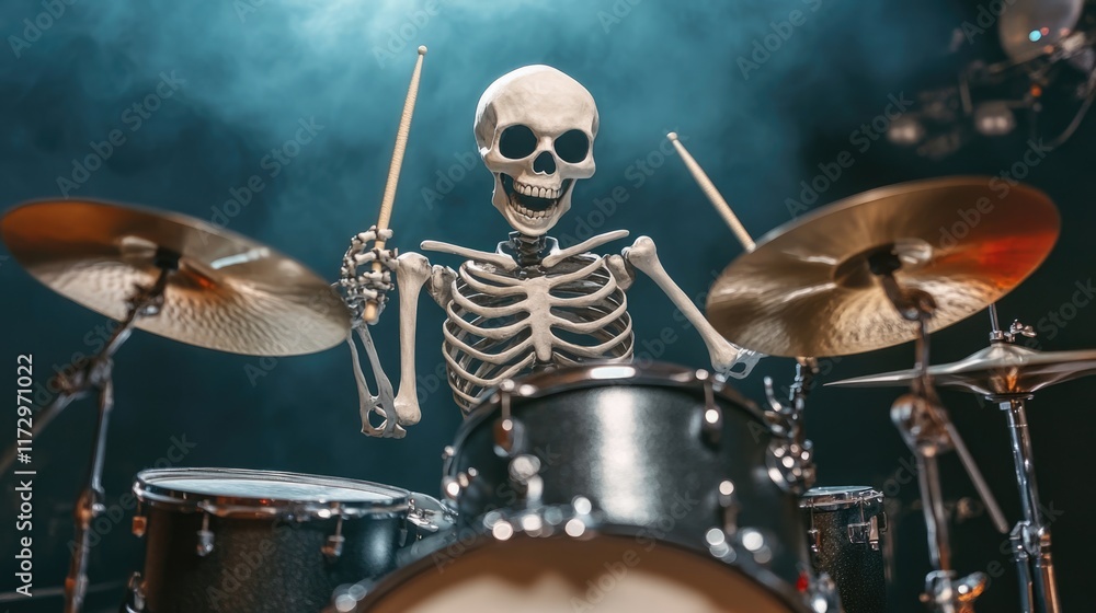 Obraz premium Lively funny skeleton drummer play drums at stage in vibrant performance. Smoky atmosphere, playful energy. Humorous music party at hell. Halloween event, musical spirit of fun and creativity.
