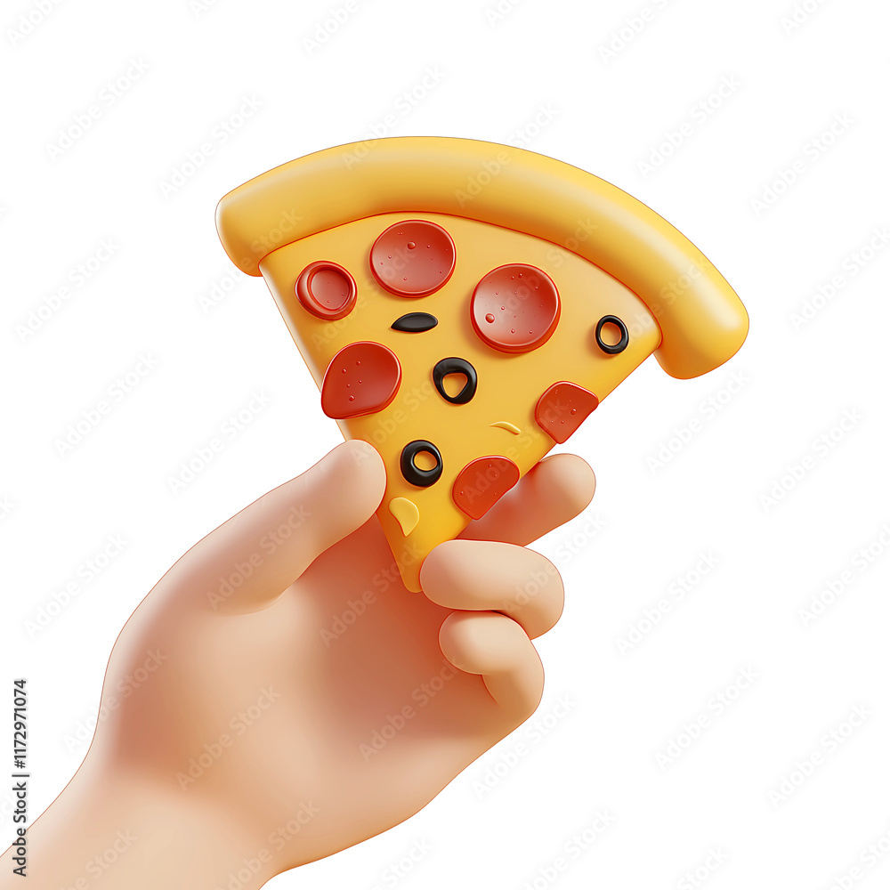 A 3D rendering of a cartoon hand holding a slice of pepperoni pizza on a white background. Plastic icon style A 3D rendering of a cartoon hand holding a slice of pepperoni pizza on a white background. Plastic icon style