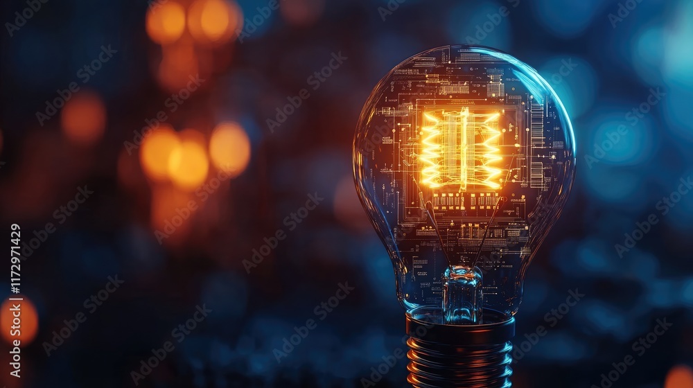 Glowing light bulb with circuit board inside on dark blue background, mockup. Innovation concept. Glowing light bulb with circuit board inside on dark blue background, mockup. Innovation concept.