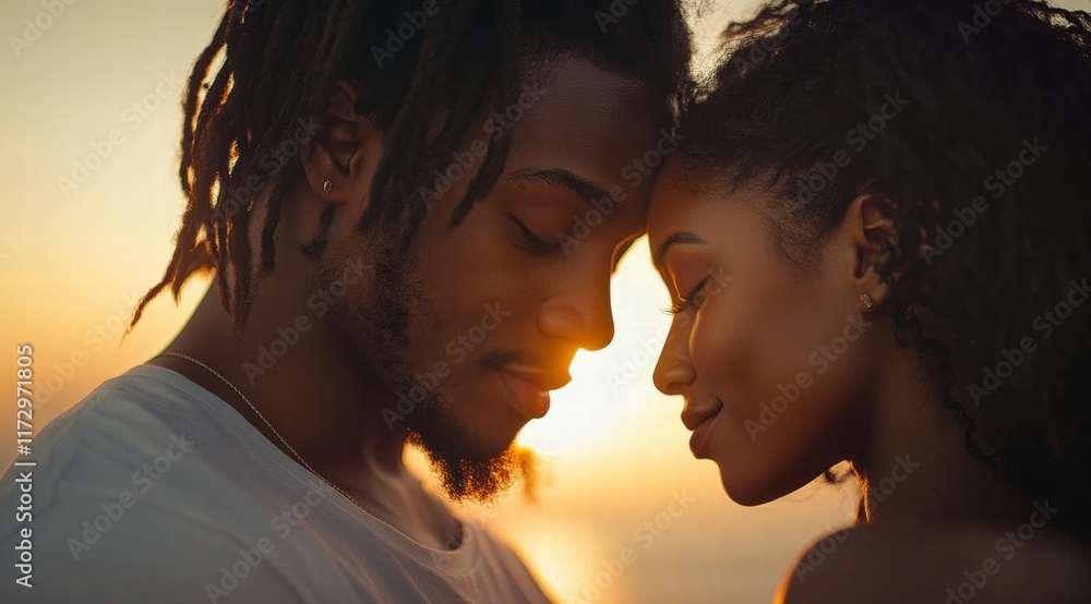 A young couple in love, embracing at sunset. A close-up portrait with a romantic mood A young couple in love, embracing at sunset. A close-up portrait with a romantic mood