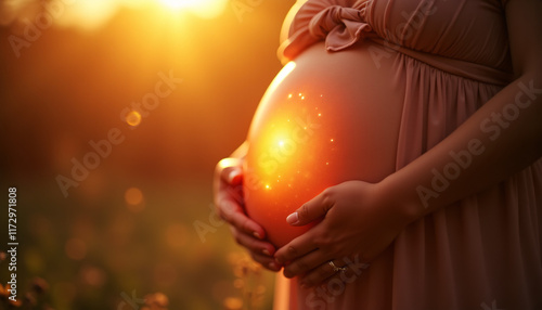 Serene Pregnant Woman in Glowing Sunset Light