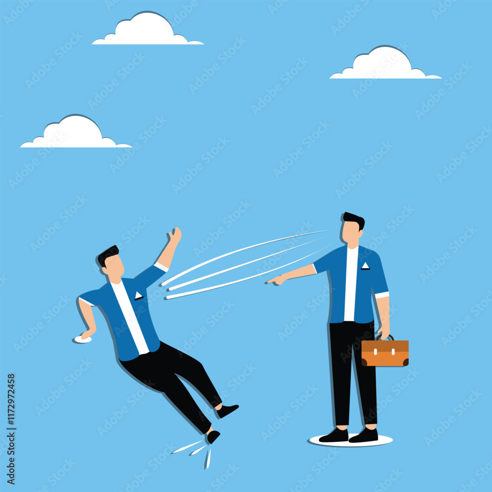 Exit hurtful, hurtful words or rumors, hatred, racism, workplace bullying, bureaucracy, manager pointing at a businessman and cursing him out Exit hurtful, hurtful words or rumors, hatred, racism, workplace bullying, bureaucracy, manager pointing at a businessman and cursing him out