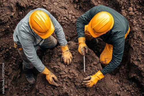 Engineers analyzing soil samples onsite for foundations construction site professional activity urban environment overhead view soil testing techniques photo