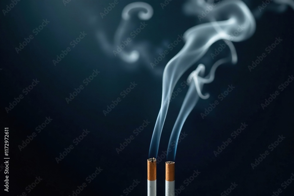 Three cigarette smoke swirling on dark background, smoke, haze, cigarettes Three cigarette smoke swirling on dark background, smoke, haze, cigarettes