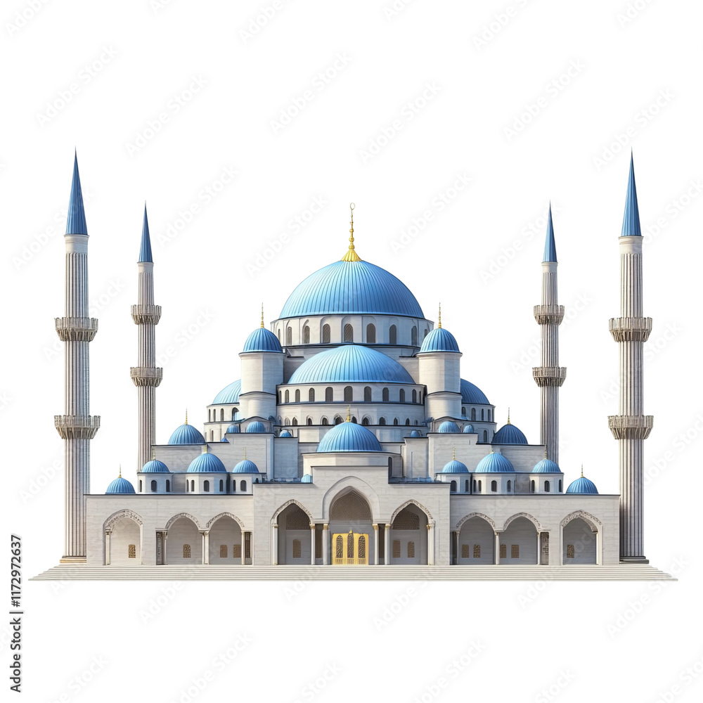Fototapeta premium Elegant Mosque: A stunning architectural display of an elegant mosque showcasing detailed design elements, including minarets, domes, and ornate features.