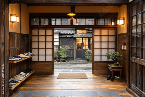 Traditional Japanese home entryway, shoes off, sliding doors open to courtyard