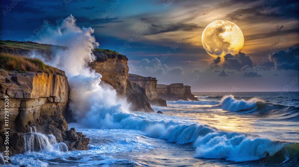 Fototapeta premium Waves crashing on cliffs under moonlight