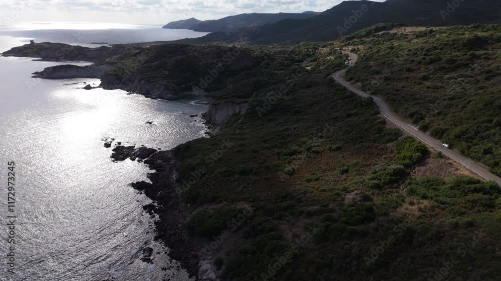 sardinian coast at dawn. Drone pan shot. sardinian coast at dawn. Drone pan shot.