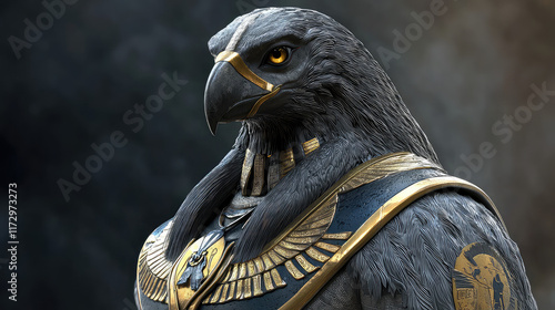 Majestic digital art of Horus, Egyptian god depicted as a falcon wearing gold jewelry, against a dark background. photo