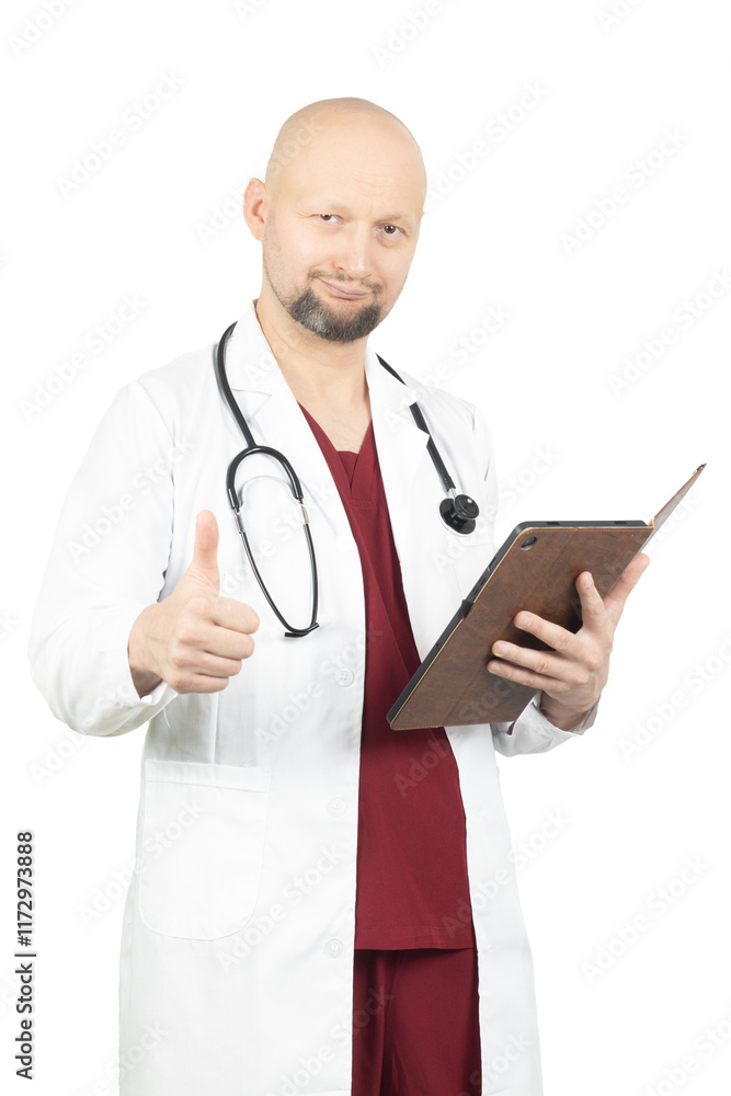 Smiling male doctor in a white coat holding a tablet and giving a thumbs-up gesture Smiling male doctor in a white coat holding a tablet and giving a thumbs-up gesture