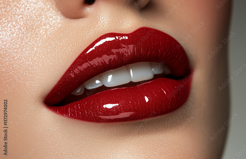 Fototapeta premium Glossy Red Lips Close-Up with Perfect Skin for Beauty Ads