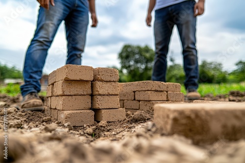 Engineers analyzing brick piles on construction site urban environment professional insight ground level viewpoint building process documentation photo